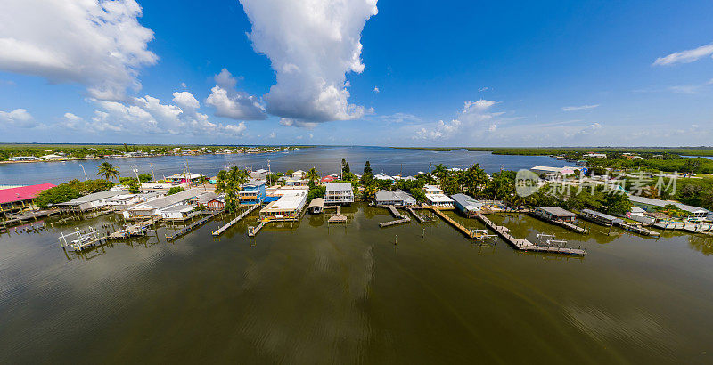 Aerial panorama Matlacha FL waterfront homes and Vacation Rental Company vacation rentals